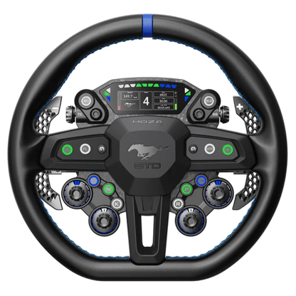 MOZA Ford Mustang GTD sim racing wheel front view showing 330mm rim, HD display, and racing controls