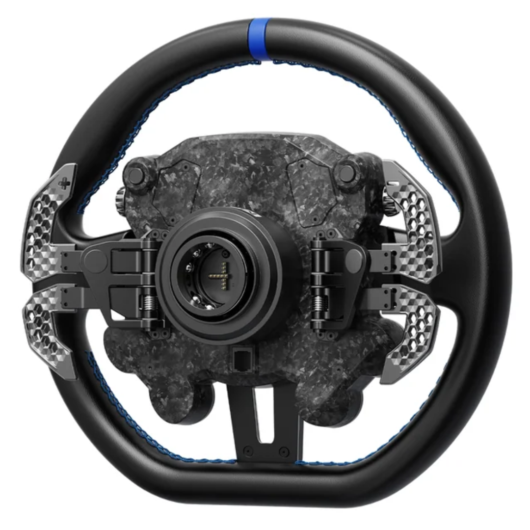 Rear view of MOZA Ford Mustang GTD sim racing wheel showing paddle shifters and quick-release connection