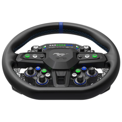 MOZA Ford Mustang GTD sim racing wheel top view showing D-shaped rim, rotary controls, and HD dashboard