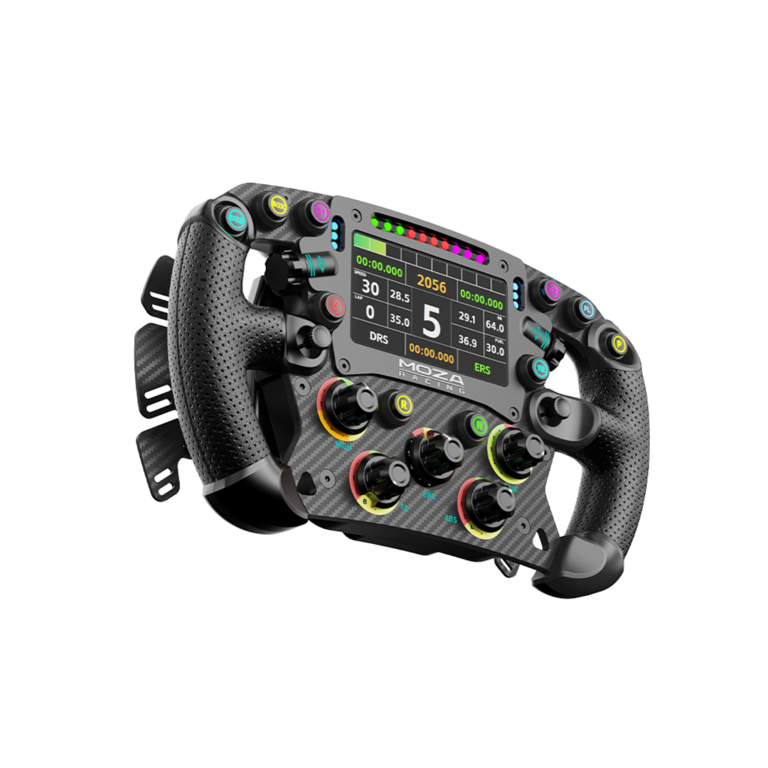 MOZA FSR 2 formula wheel angled view showing controls and display