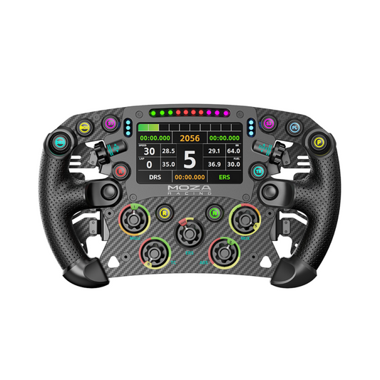 A MOZA Racing FSR 2 formula-style racing wheel with a carbon fiber frame, touchscreen display, and multiple control buttons and paddles.