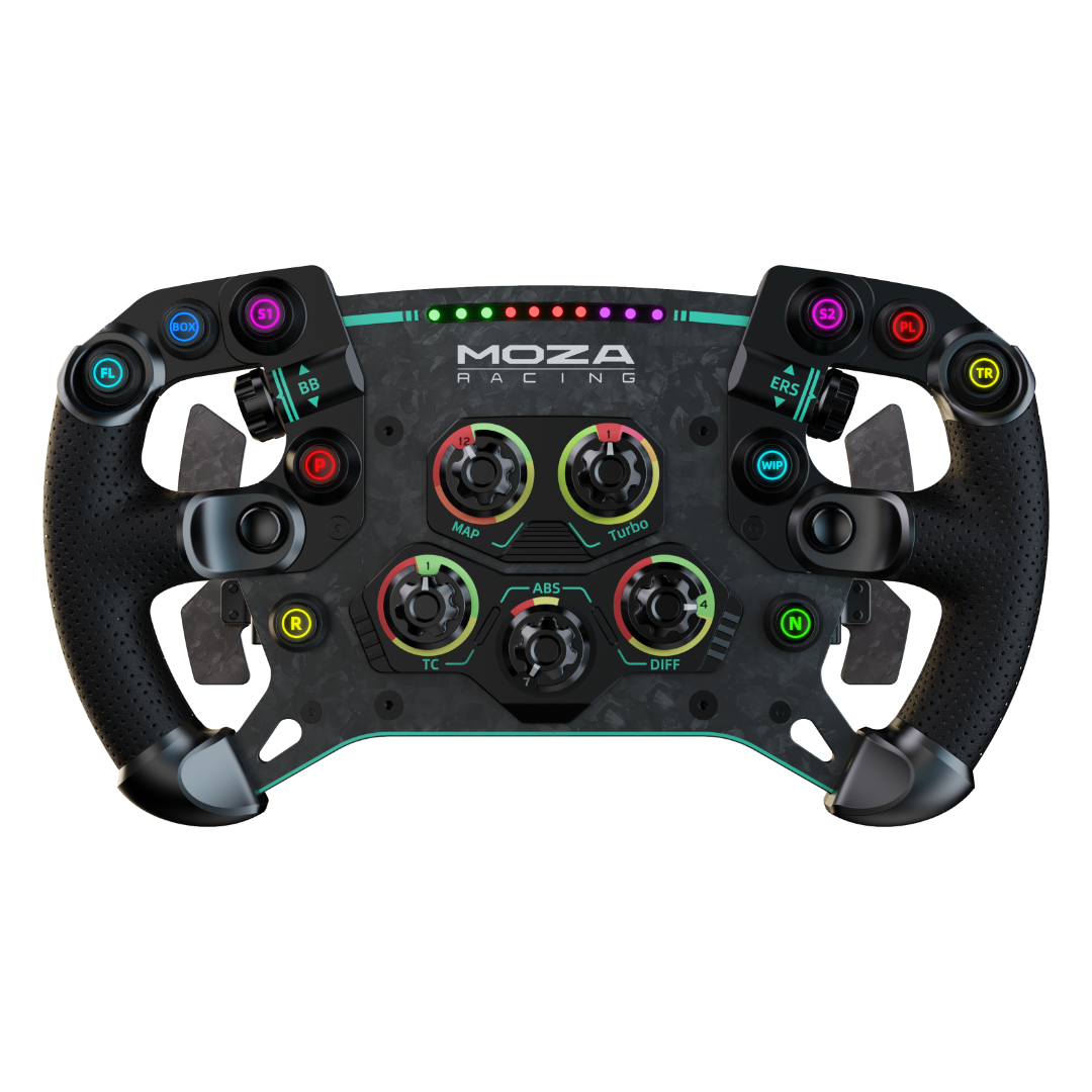 A MOZA Racing GS V2P steering wheel for video game racing, featuring multiple buttons, analog sticks, and a black color scheme with green, red, and silver accents.