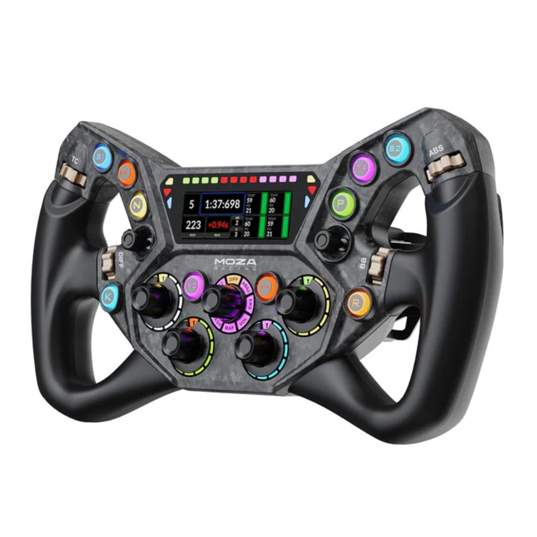 Black racing steering wheel with digital display and colorful buttons on a white background