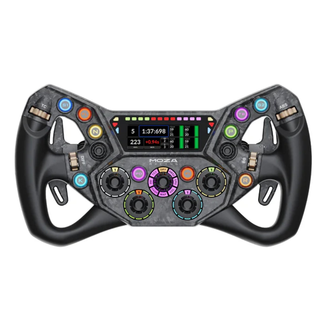 Black racing steering wheel with digital display and colorful buttons on a white background