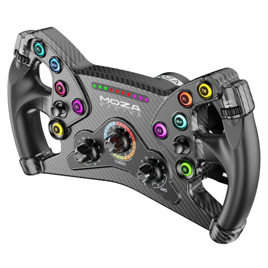 A Moza Racing KS Steering Wheel with a black color scheme, featuring multiple colored buttons and paddles, designed for use with racing simulators.