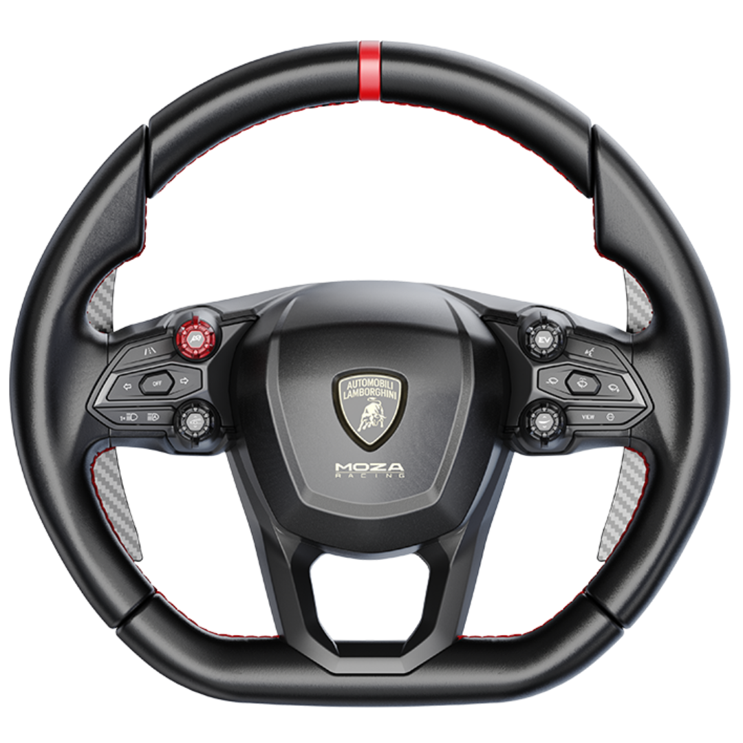 Steering wheel with Moza branding on a white background