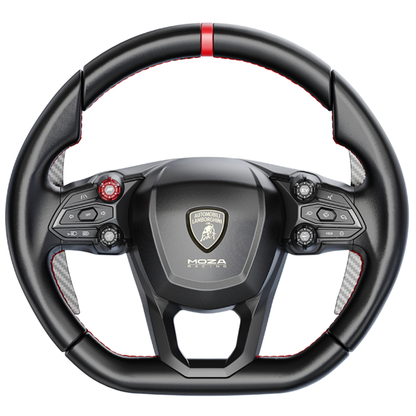Steering wheel with Moza branding on a white background