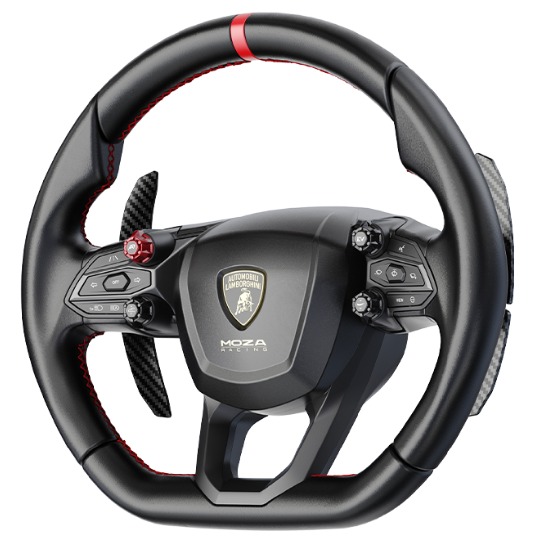 Steering wheel with Lamborghini logo on a white background