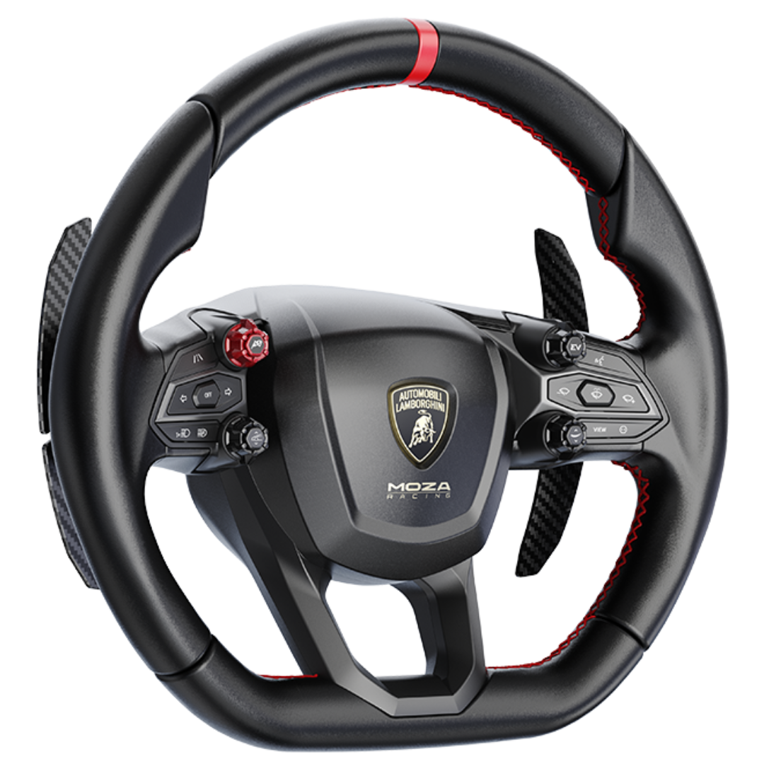 Black steering wheel with red accents and Lamborghini logo on a white background