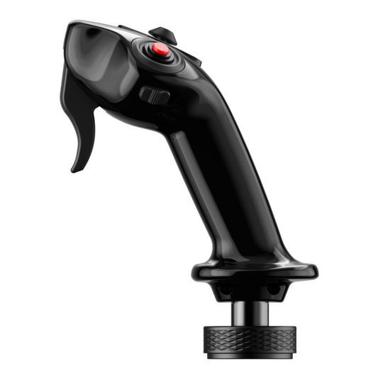 A black MOZA MA3X Flight Sidestick controller for flight simulations, featuring a classic yoke design with a red button and ALPS switches.