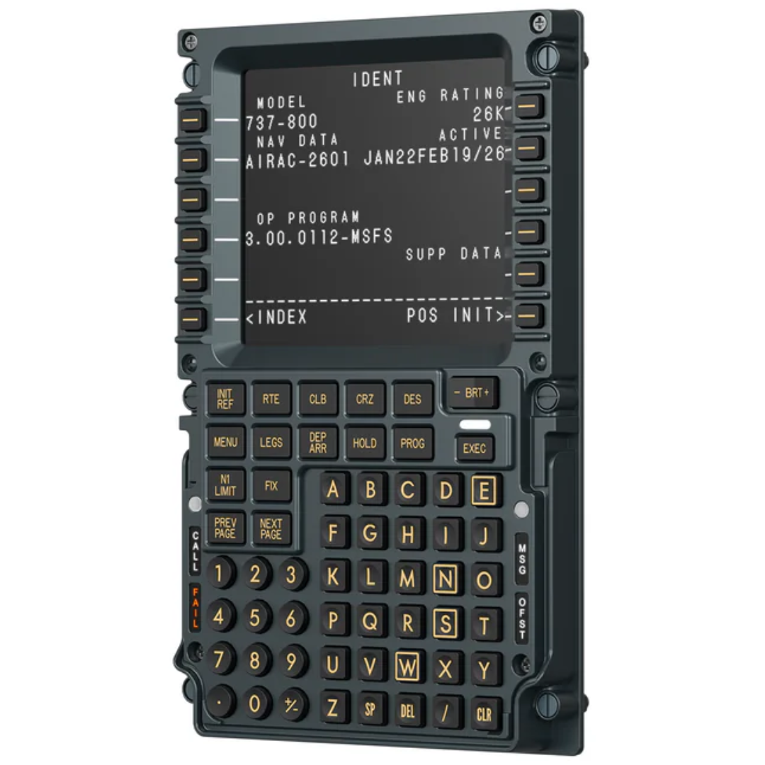 MOZA MB7F Boeing 737 CDU Flight Computer Display mounted in a home cockpit