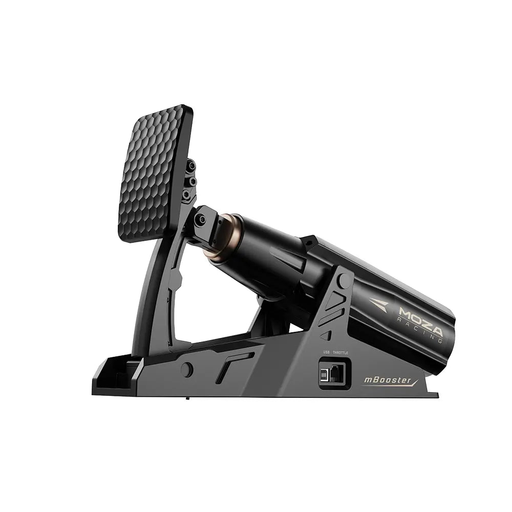 A MOZA mBooster Active Pedal for sim racing, featuring a black body with a textured pedal surface and digital display at the base.