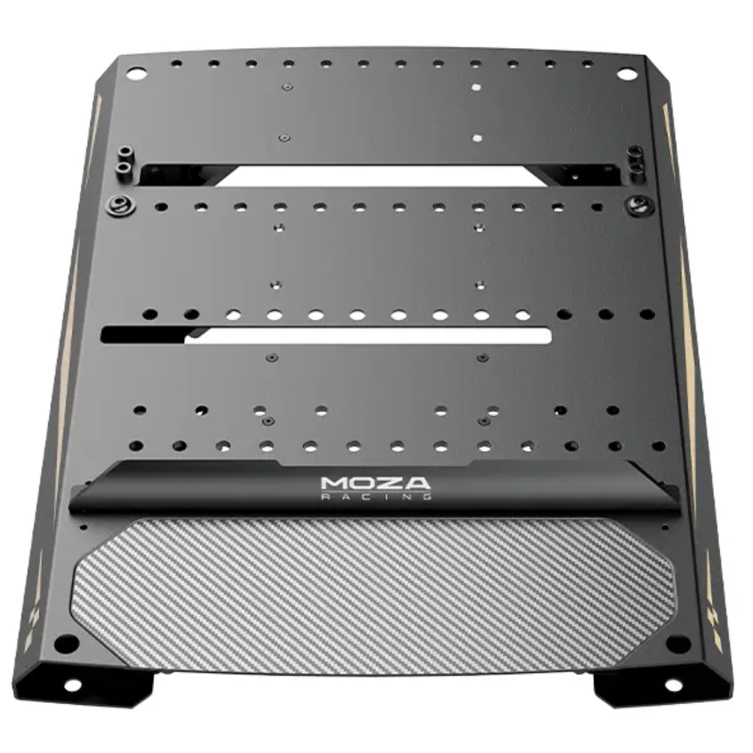 Metal mounting bracket with 'Moza Racing' branding on a white background
