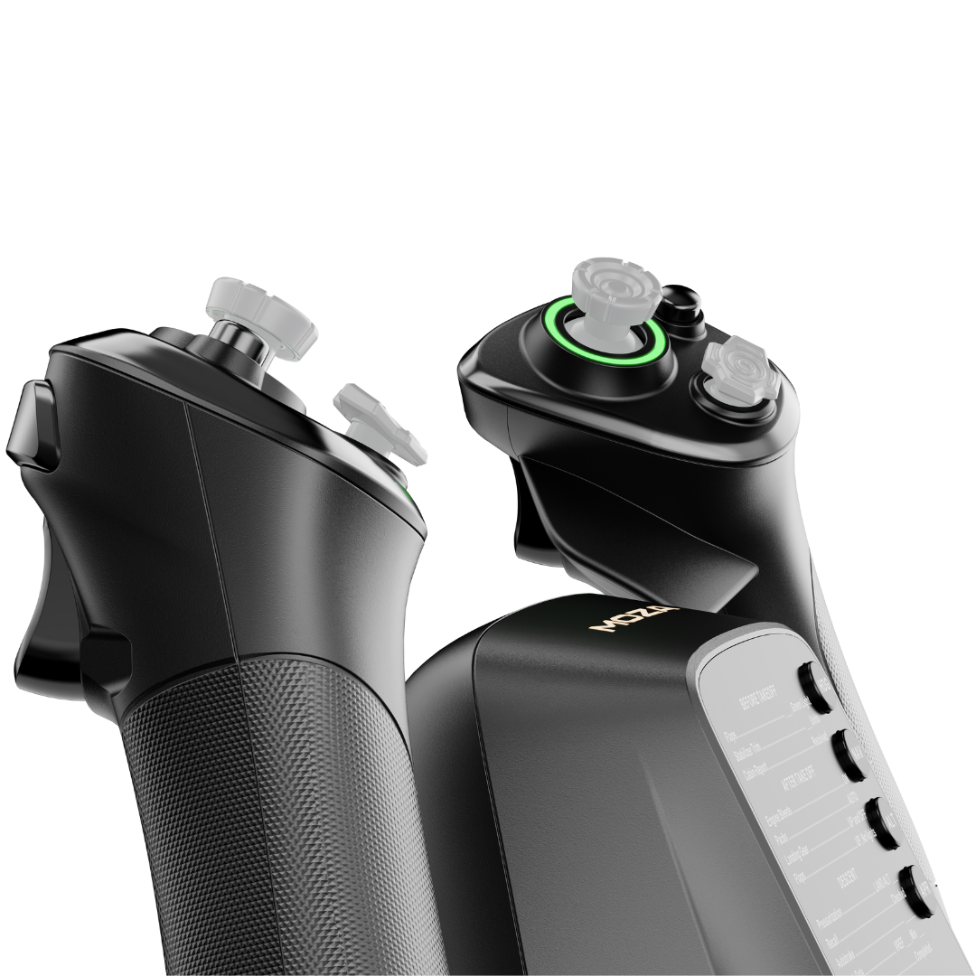 Close-up of a black and gray electronic device with control elements on a white background