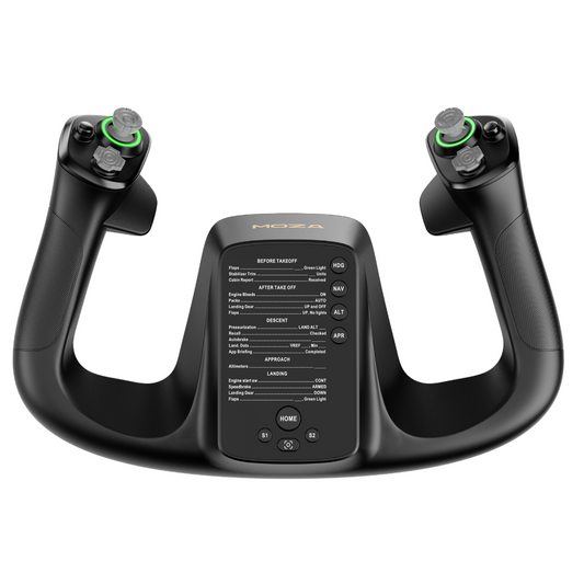 Black flight simulator joystick with control buttons on a white background