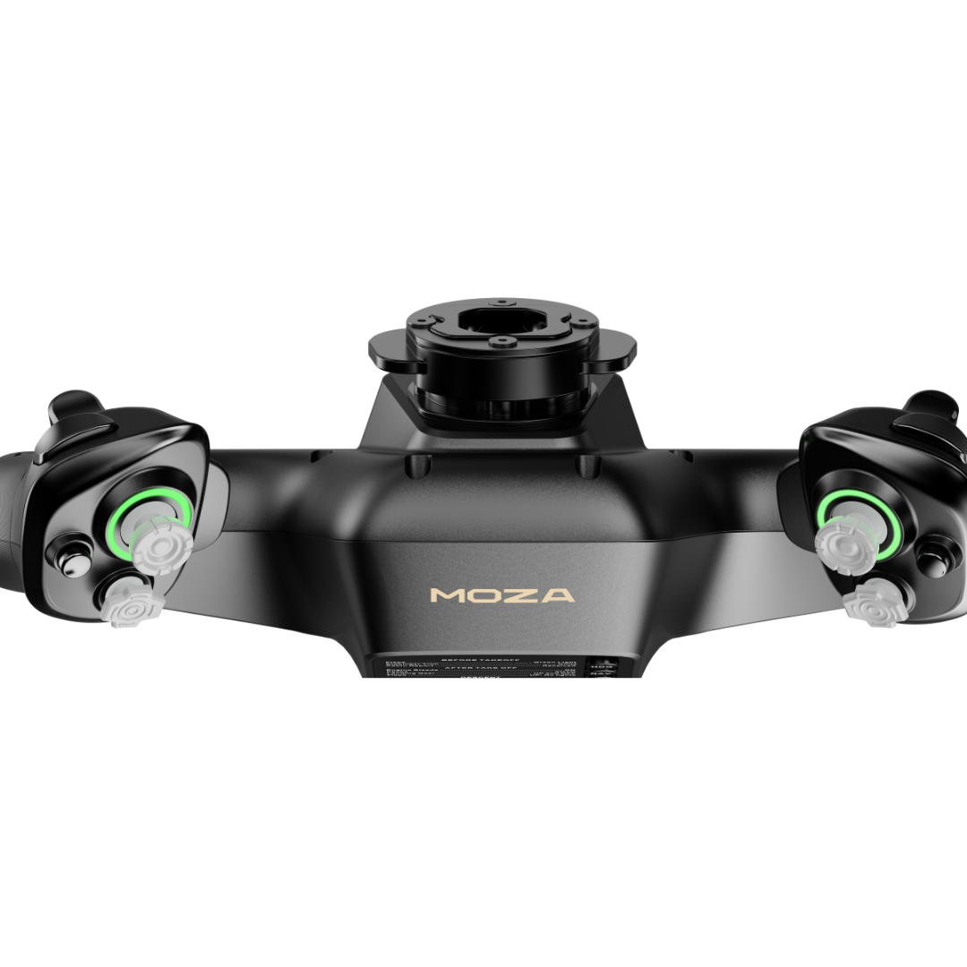 Black camera stabilizer with 'MOZA' branding on a white background