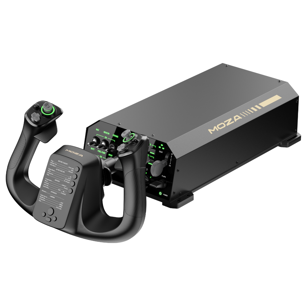 Black gaming controller and power supply unit with Moza branding on a white background