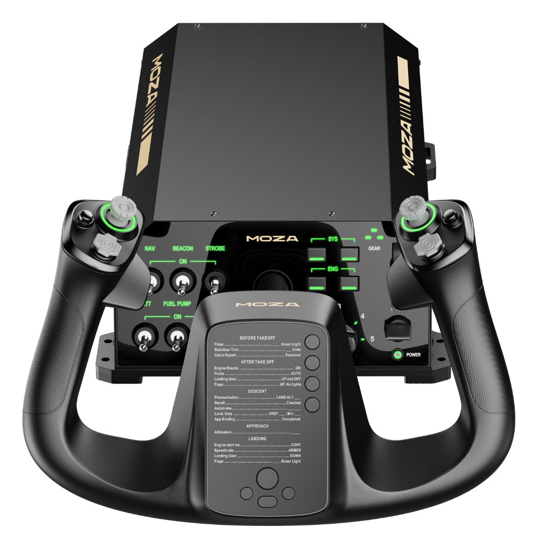 MOZA flight simulator controller with display and joysticks on a white background