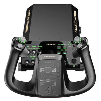 MOZA flight simulator controller with display and joysticks on a white background