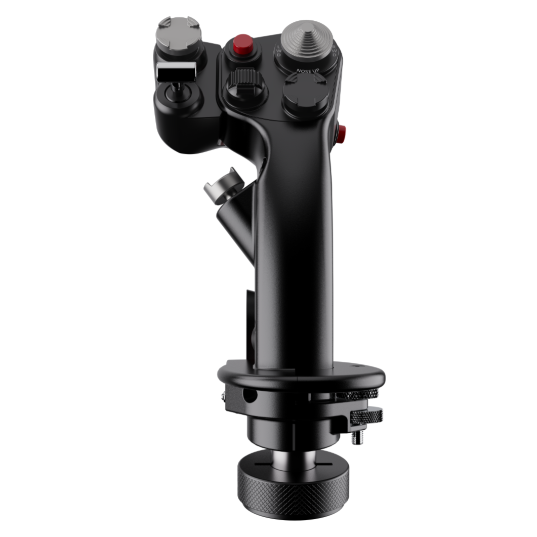 A black MOZA MH16 Flight Stick controller designed for flight simulations, made from aluminum alloy with automotive-grade paint.