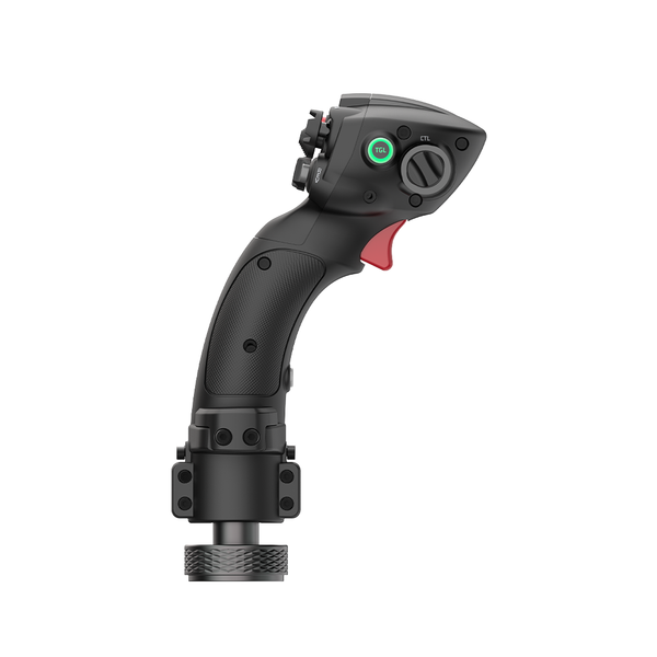 Black joystick controller on a white background