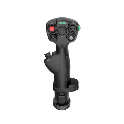 Black joystick controller with buttons on a white background