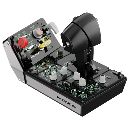 MOZA flight simulator steering wheel and control panel on a white background