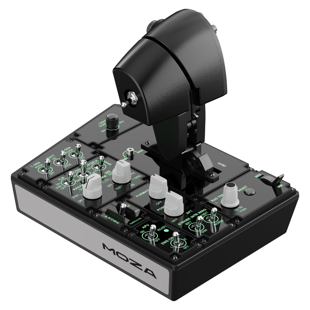 Black and gray Moza camera control device on a white background