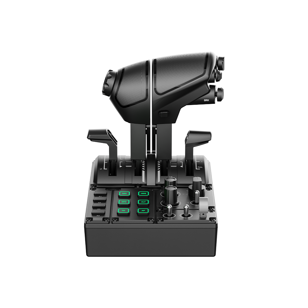 Black joystick and throttle quadrant on a white background