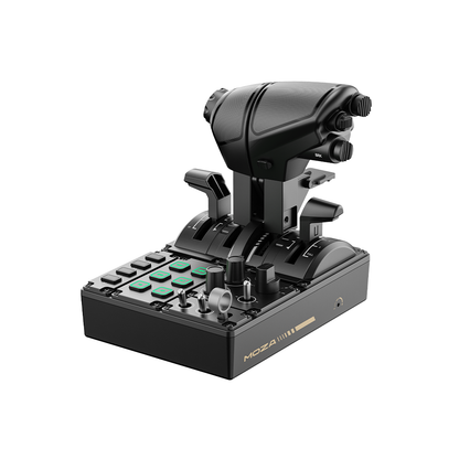 Black flight simulator joystick and control panel with Moza branding on a white background