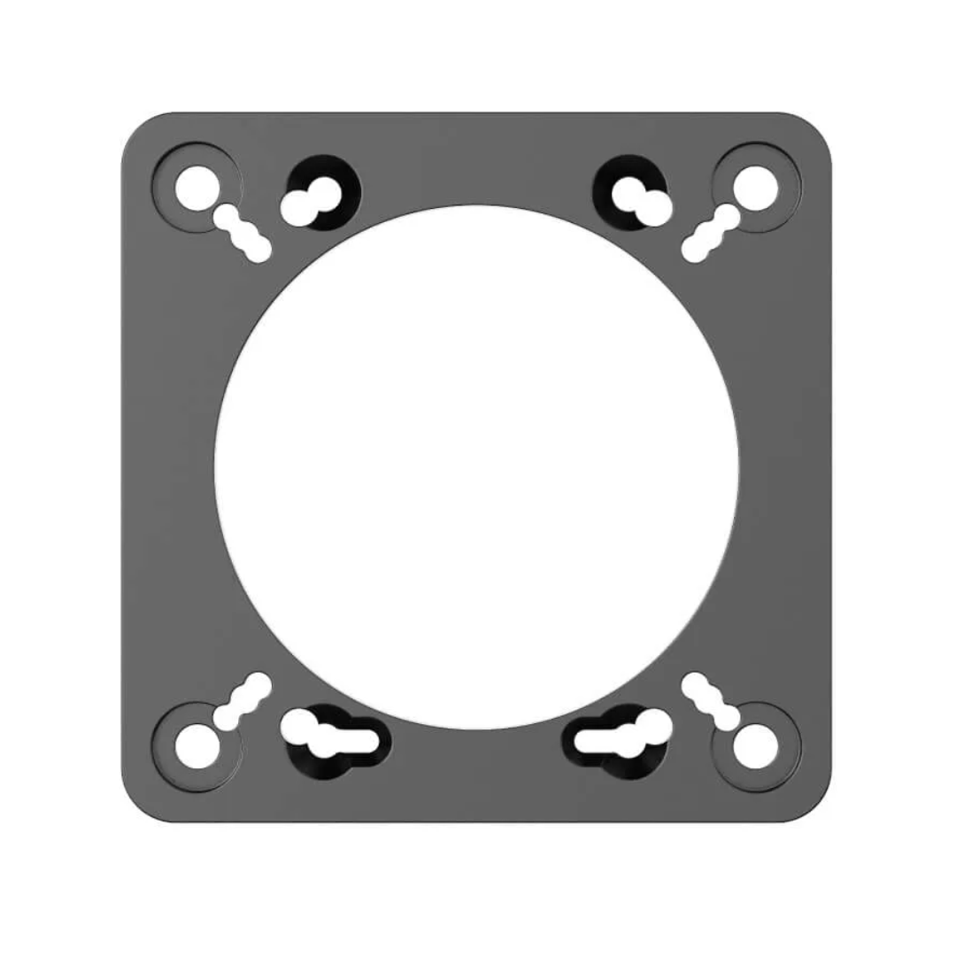 A black adapter plate designed for MOZA wheelbase models, crafted from aluminum alloy with an integrated one-piece design.