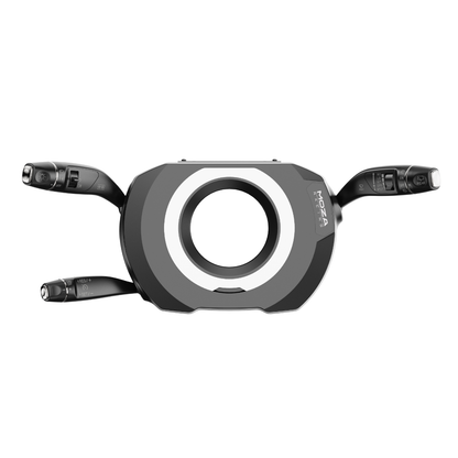 A set of MOZA multi-function stalks for a racing wheel, featuring various control buttons and a central circular interface.