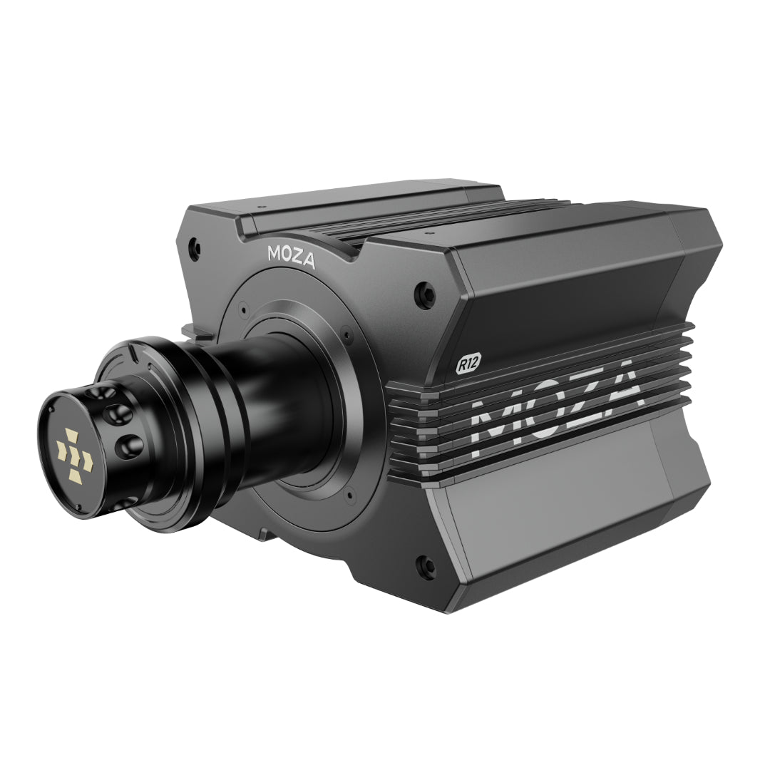 A black Moza Racing R12 direct drive base, designed for simulating race cars with a robust and industrial appearance.