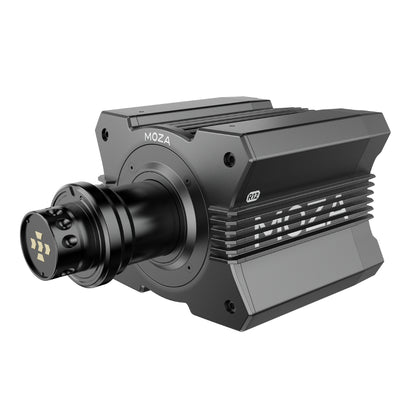 A black Moza Racing R12 direct drive base, designed for simulating race cars with a robust and industrial appearance.