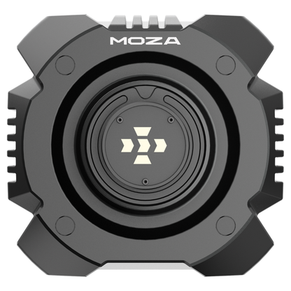 MOZA R16 Ultra Direct Drive Wheel Base angled view with RGB lighting