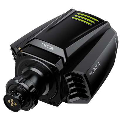 A black Moza Racing R16 V2 direct drive base for sim racing, showing the side view with the brand name visible.