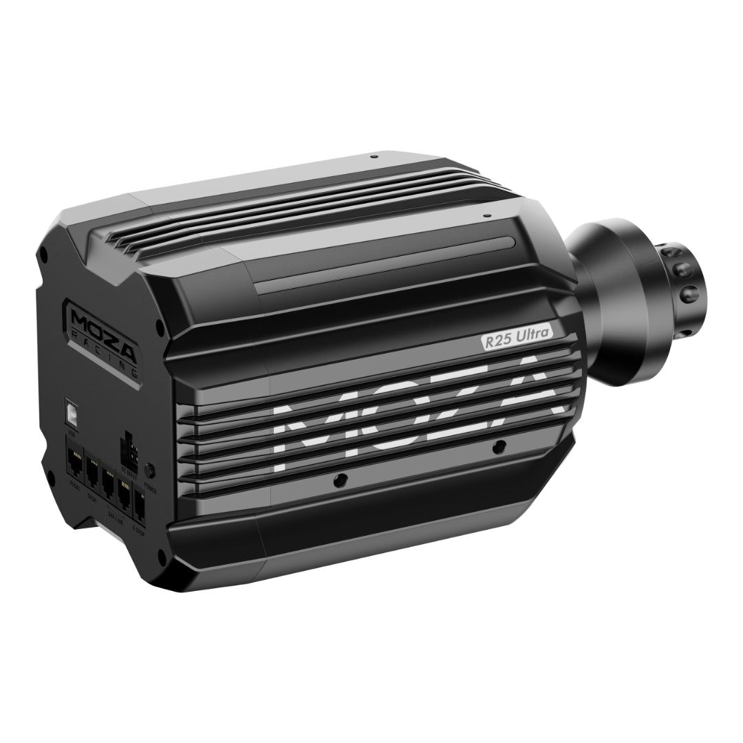 Black MOZA motor on a white background