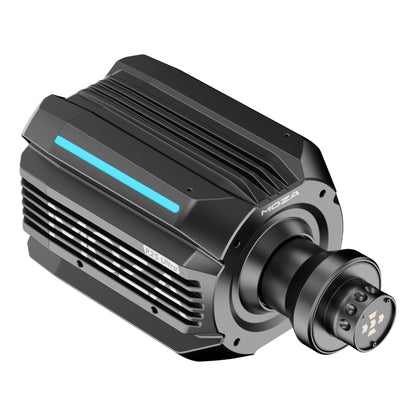Black motor with a blue light on a white background