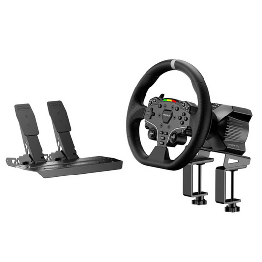 A set of MOZA Racing R3 Sim Racing Bundle which includes a direct drive wheel base, an ES steering wheel, and SR-P Lite pedals mounted on a clamp, against a white background.