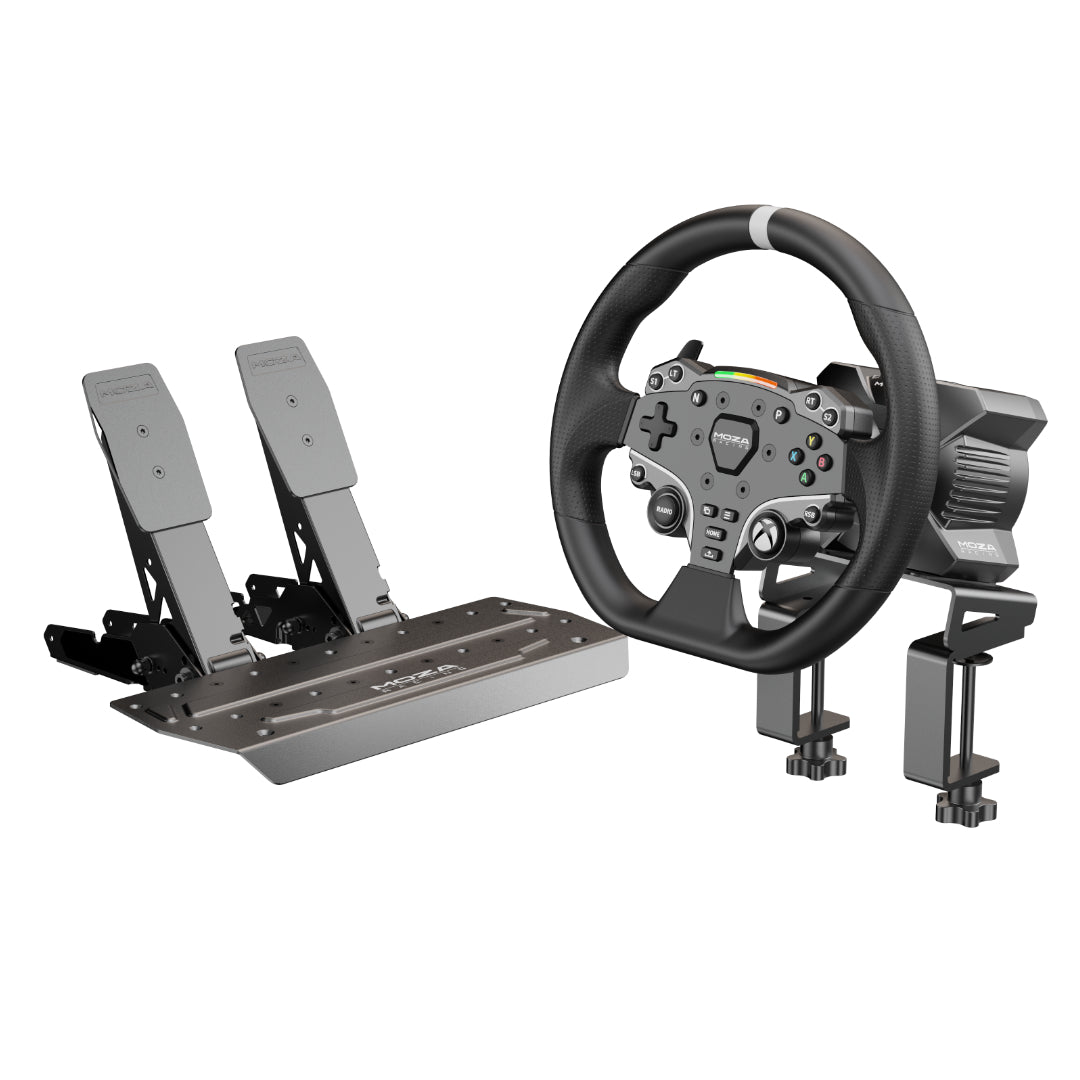 A MOZA Racing R3 Sim Racing Bundle with a direct drive wheel base, steering wheel, and pedals, primarily in black color.