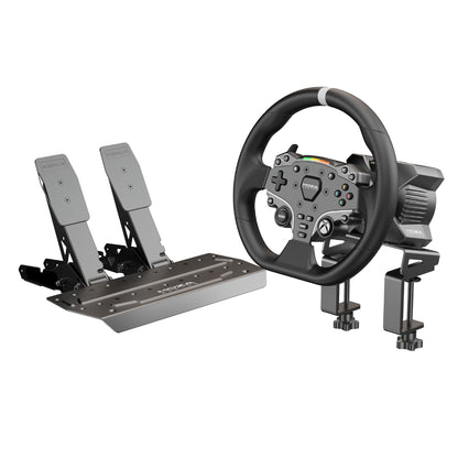 A MOZA Racing R3 Sim Racing Bundle with a direct drive wheel base, steering wheel, and pedals, primarily in black color.