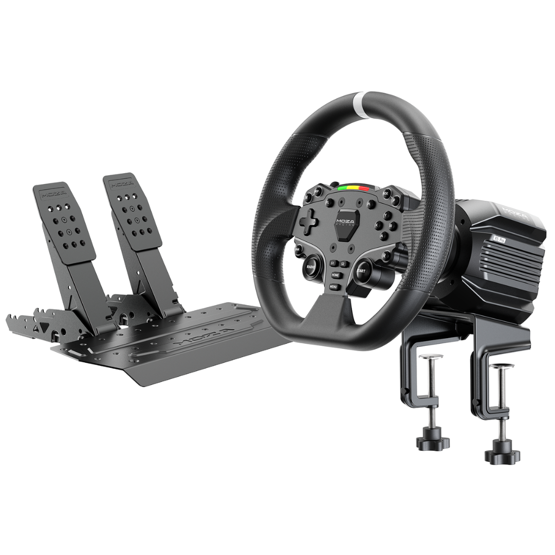 MOZA R5 Pro direct drive wheelbase with ES Lite steering wheel installed