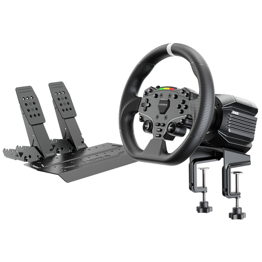 MOZA R5 Pro direct drive wheelbase with ES Lite steering wheel installed