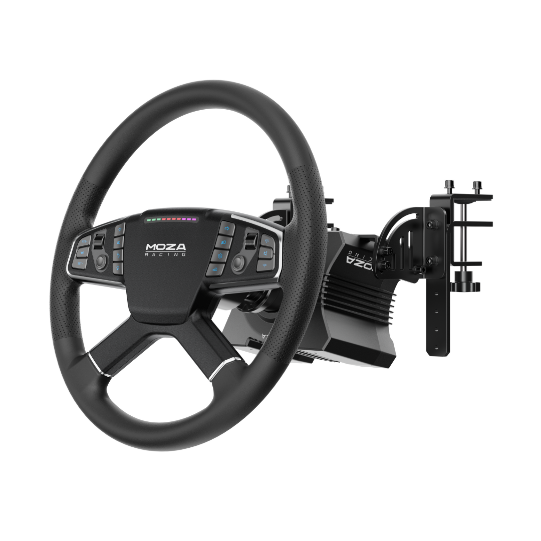 MOZA R5 truck driving bundle angled view with wheel base and mount