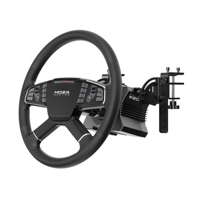 MOZA R5 truck driving bundle angled view with wheel base and mount