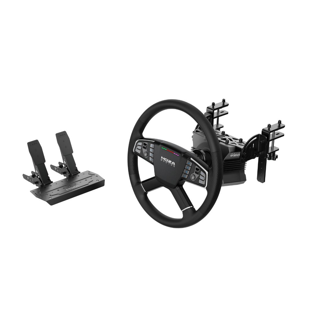 A MOZA Racing R5 Truck Driving Bundle set including a black steering wheel, pedals, and a metal base, designed for use in truck simulation video games.