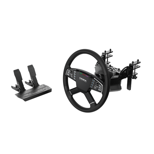 A MOZA Racing R5 Truck Driving Bundle set including a black steering wheel, pedals, and a metal base, designed for use in truck simulation video games.
