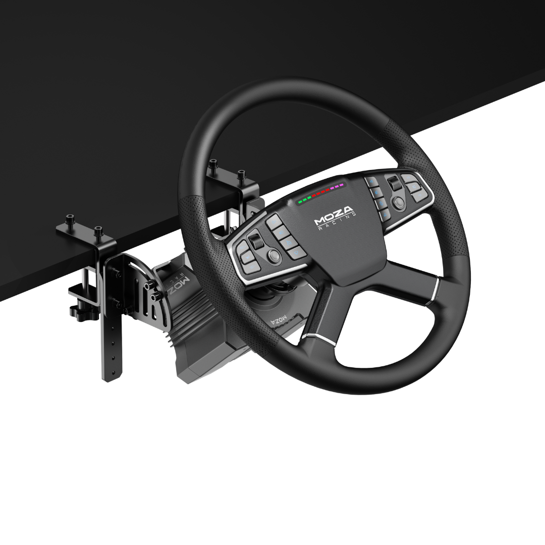 MOZA R5 truck wheel and base mounted to table for simulation