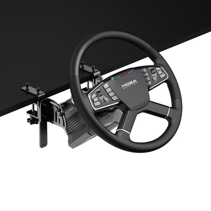 MOZA R5 truck wheel and base mounted to table for simulation