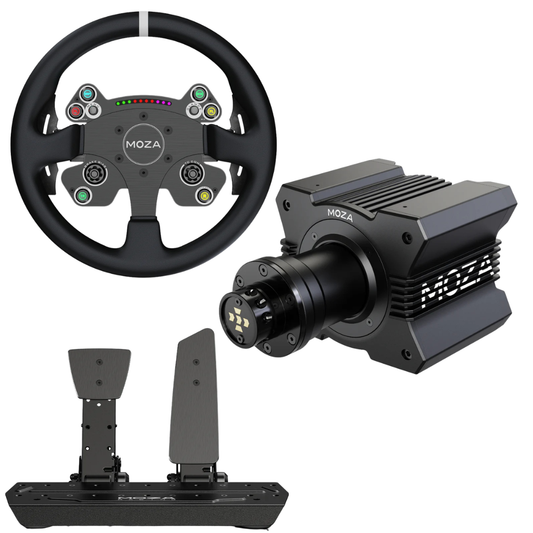 Moza R9 direct drive sim racing bundle with CS V2P steering wheel and SR-P 2-pedal set.